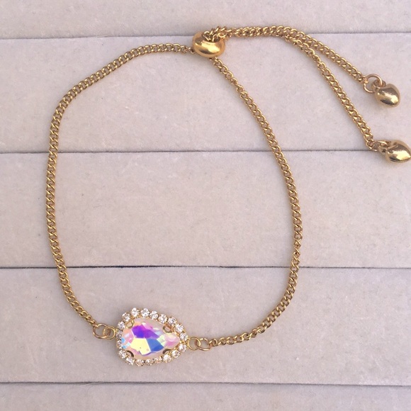 White Aurora Borealis Crystal Halo + Gold Pear Adjustable Boho Bracelet - Picture 11 of 13